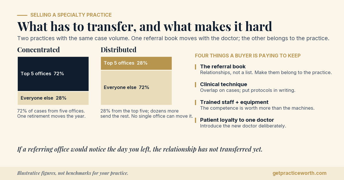 Chart comparing referral-source concentration in two specialty dental practices with the same case volume. In the concentrated practice the top five referring offices send 72 percent of cases; in the distributed practice the top five send 28 percent. Beside it, four things a buyer is paying to keep: the referral book, clinical technique, trained staff and equipment, and patient loyalty to one doctor. Illustrative.